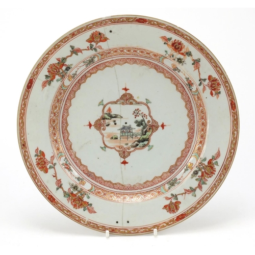 3034 - Chinese porcelain plate hand painted with a landscape and flowers, 24.5cm in diameter