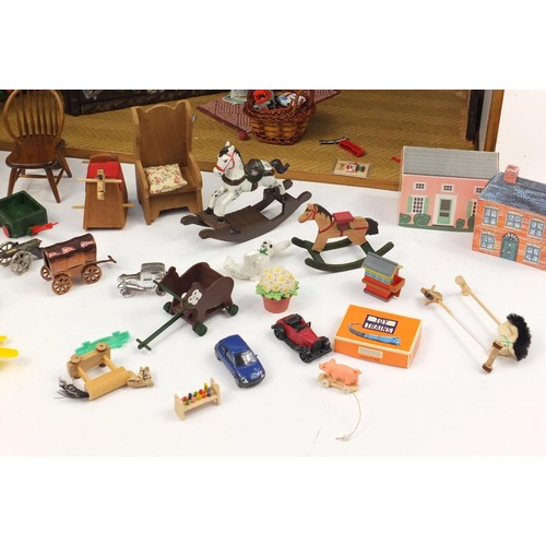 3033 - Hand built wooden model doll's house toy shop with contents, 30cm H x 47cm W x 32cm D