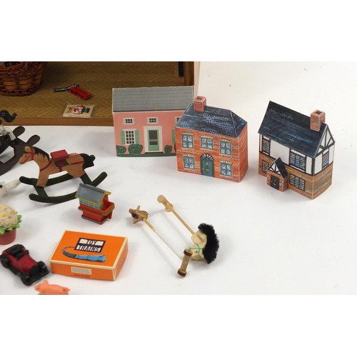 3033 - Hand built wooden model doll's house toy shop with contents, 30cm H x 47cm W x 32cm D