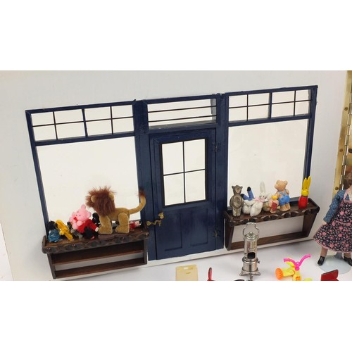 3033 - Hand built wooden model doll's house toy shop with contents, 30cm H x 47cm W x 32cm D