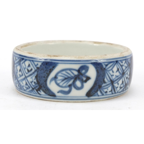 2167 - Chinese blue and white porcelain ink stone hand painted with Daoist emblems, Kangxi leaf marks to th... 