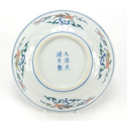 223 - Chinese doucai porcelain shallow bowl hand painted with flowers, six figure character marks to the b... 