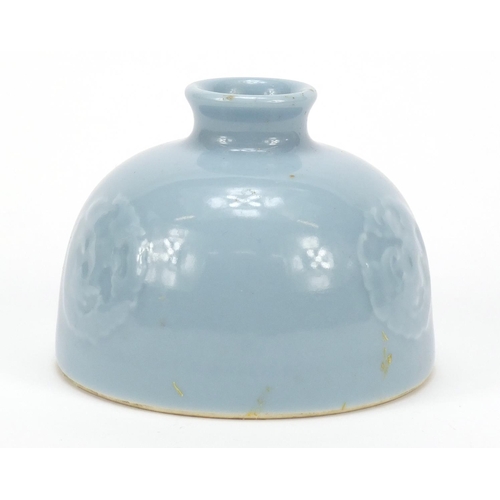 2168 - Chinese porcelain beehive water pot having a Clair-De-Lune glaze, decorated in low relief with styli... 