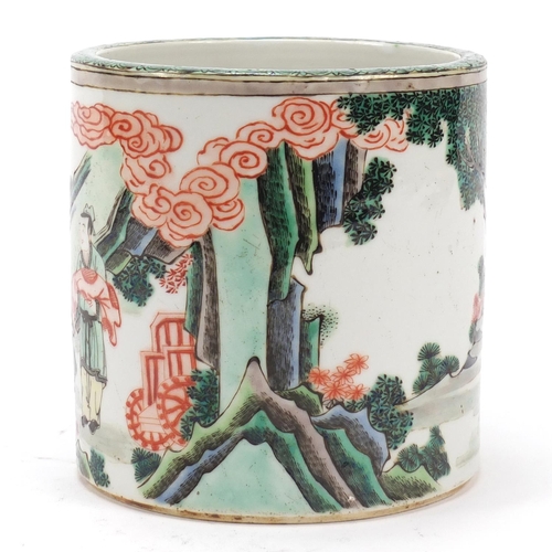 225 - Good Chinese porcelain cylindrical brush pot finely hand painted in the famille verte palette with a... 