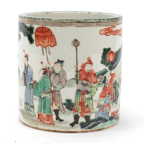 225 - Good Chinese porcelain cylindrical brush pot finely hand painted in the famille verte palette with a... 