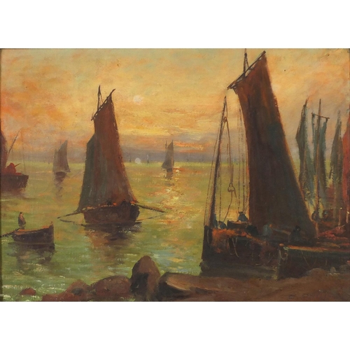 2203 - Fishing boats, Newlyn school, oil on canvas, mounted and framed, 31cm x 23cm excluding the mount and... 