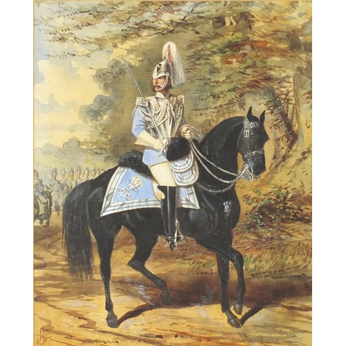 86 - Mounted Guardsman leading platoon, Windsor, 19th century watercolour, inscribed verso, mounted, fram... 