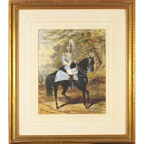 86 - Mounted Guardsman leading platoon, Windsor, 19th century watercolour, inscribed verso, mounted, fram... 