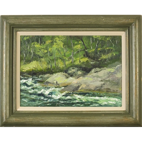 2206 - Brian Bennett - Rushing stream by woodlands, signed oil on board, mounted and framed, 34.5cm x 24cm ... 