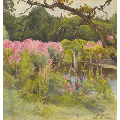 2204 - Wild flowers by a lake, watercolour, bearing an indistinct signature, mounted, framed and glazed, 25... 