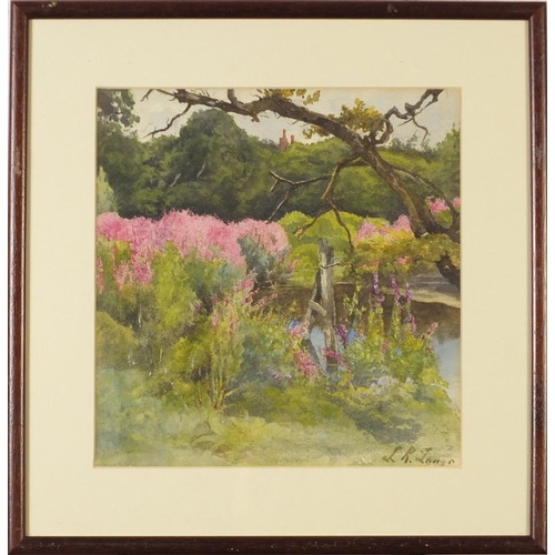 2204 - Wild flowers by a lake, watercolour, bearing an indistinct signature, mounted, framed and glazed, 25... 