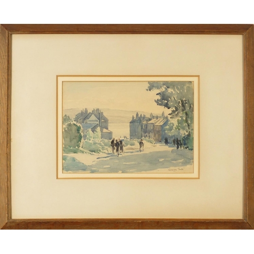 47 - Grainger Smith - Figures in street leading to seashore, signed watercolour, mounted, framed and glaz... 