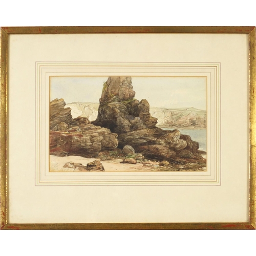 212 - James Cassie - Rocks east coast of Scotland, 19th century watercolour, inscription and inscribed lab... 