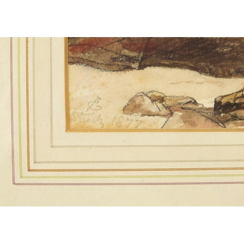 212 - James Cassie - Rocks east coast of Scotland, 19th century watercolour, inscription and inscribed lab... 