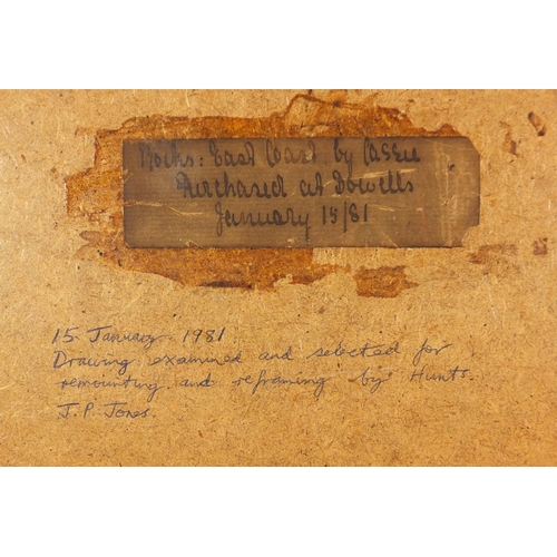 212 - James Cassie - Rocks east coast of Scotland, 19th century watercolour, inscription and inscribed lab... 