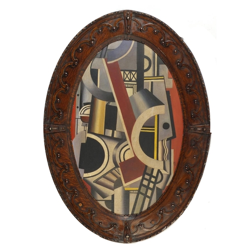 211 - Abstract composition, geometric shapes, French school oval oil on board, framed, 72cm x 46cm excludi... 