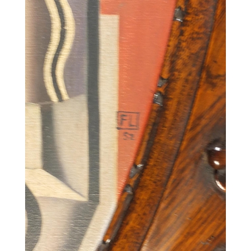 211 - Abstract composition, geometric shapes, French school oval oil on board, framed, 72cm x 46cm excludi... 