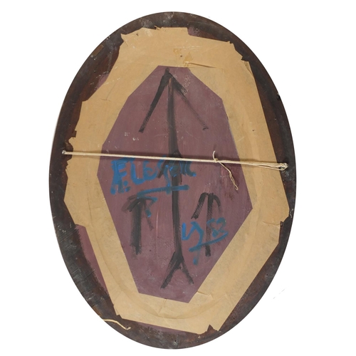 211 - Abstract composition, geometric shapes, French school oval oil on board, framed, 72cm x 46cm excludi... 