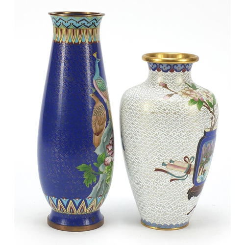 234 - Two Chinese cloisonné vases including one enamelled with a dog before a vase and scroll, the largest... 