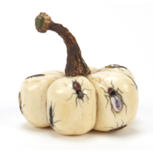 228 - Japanese carved ivory shibayama fruit inlayed with insects, 6cm high