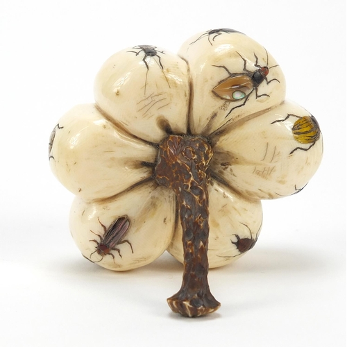 228 - Japanese carved ivory shibayama fruit inlayed with insects, 6cm high