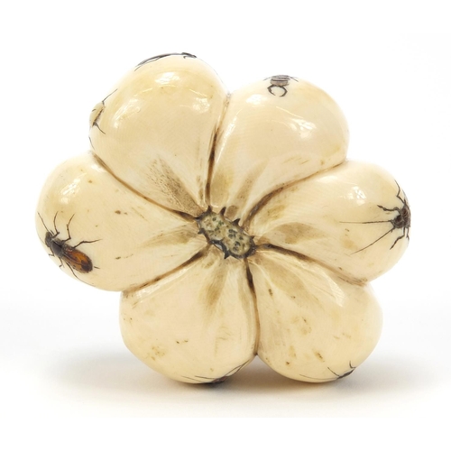 228 - Japanese carved ivory shibayama fruit inlayed with insects, 6cm high