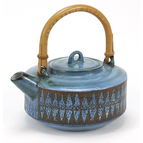 8 - Troika St Ives Pottery teapot with bamboo handle hand painted with geometric motifs, 21cm in length