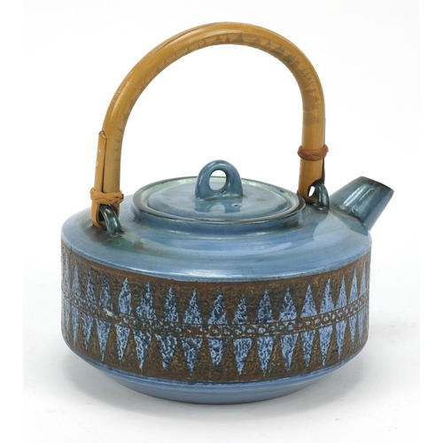8 - Troika St Ives Pottery teapot with bamboo handle hand painted with geometric motifs, 21cm in length
