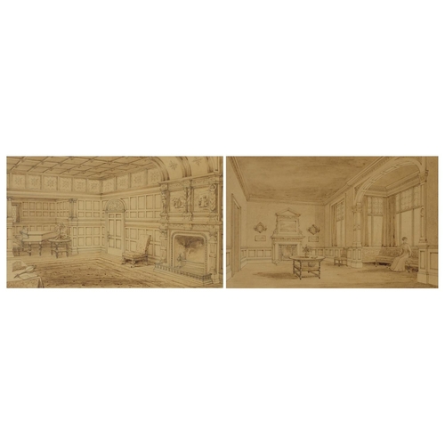 1361 - Regency Interiors, near pair of antique pencil and sepia watercolours, mounted, framed and glazed, t... 