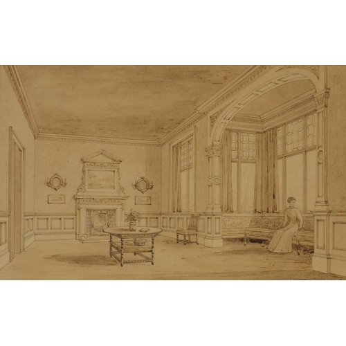 1361 - Regency Interiors, near pair of antique pencil and sepia watercolours, mounted, framed and glazed, t... 