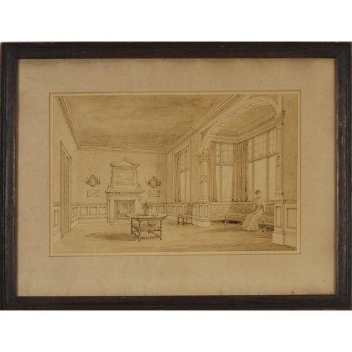 1361 - Regency Interiors, near pair of antique pencil and sepia watercolours, mounted, framed and glazed, t... 