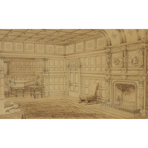 1361 - Regency Interiors, near pair of antique pencil and sepia watercolours, mounted, framed and glazed, t... 