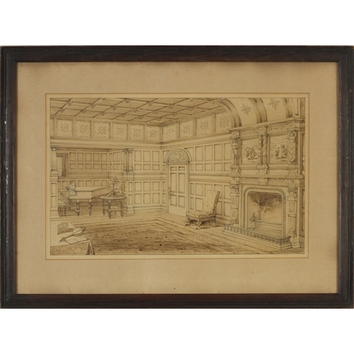 1361 - Regency Interiors, near pair of antique pencil and sepia watercolours, mounted, framed and glazed, t... 