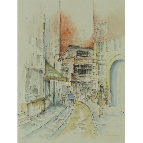 1363 - Street scene, ink and watercolour, bearing an indistinct signature, mounted, framed and glazed, 39cm... 