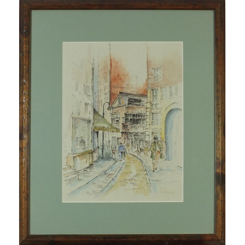 1363 - Street scene, ink and watercolour, bearing an indistinct signature, mounted, framed and glazed, 39cm... 