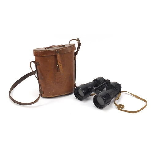 3036 - Pair of British military World War II Bino Prism no5 binoculars with fitted case numbered 77181, the... 