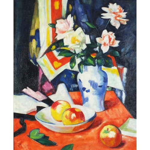 2205 - Still life flowers in a vase with fruit, Scottish Colourist school oil on board, framed, 60cm x 49cm... 