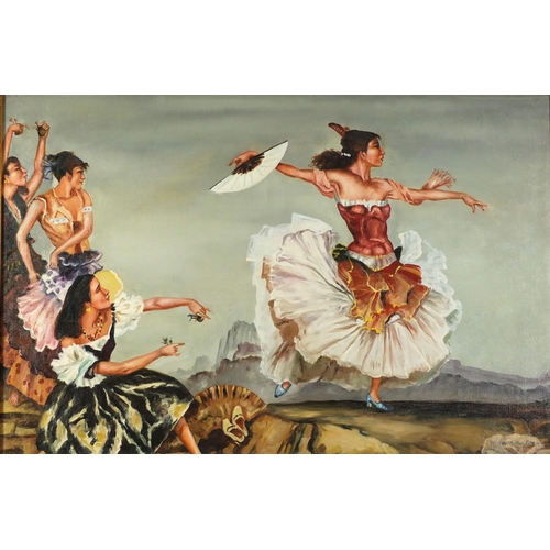 1358 - Manner of William Russell Flint - Females dancing, oil on board, framed, 89cm x 59cm excluding the f... 