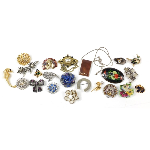 3027 - Vintage and later costume jewellery brooches including Royal Worcester porcelain flower head and mar... 