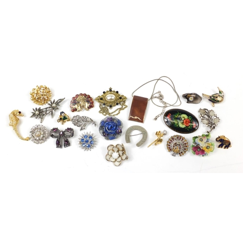 3027 - Vintage and later costume jewellery brooches including Royal Worcester porcelain flower head and mar... 