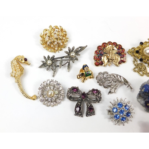 3027 - Vintage and later costume jewellery brooches including Royal Worcester porcelain flower head and mar... 