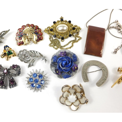 3027 - Vintage and later costume jewellery brooches including Royal Worcester porcelain flower head and mar... 