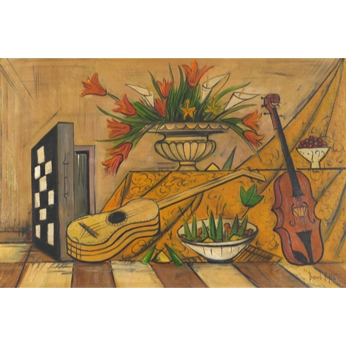 1362 - Manner of Bernard Buffet - Still life flowers, fruit and instruments, French school oil on board, fr... 