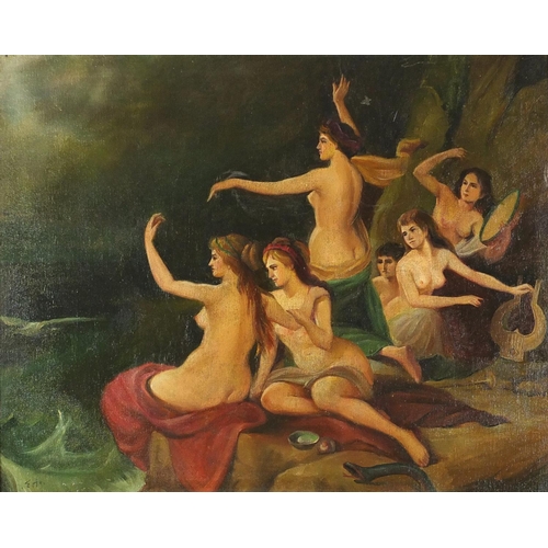 1364 - Nude bathers, Old Master school, oil on canvas laid on board, mounted and framed, 62cm x 49.5cm