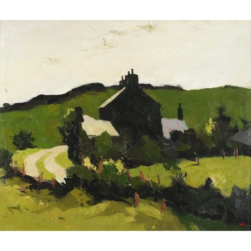 85 - Cottage before hills, Welsh school oil on canvas, framed, 60cm x 49.5cm excluding the frame