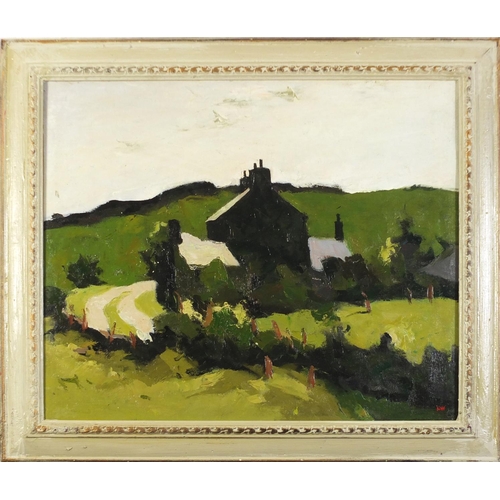 85 - Cottage before hills, Welsh school oil on canvas, framed, 60cm x 49.5cm excluding the frame