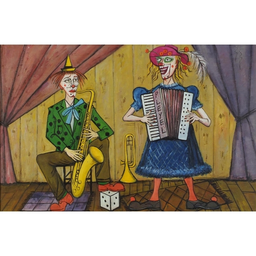 83 - Two musicians, French school oil on board, framed, 70.5cm x 49.5cm excluding the frame