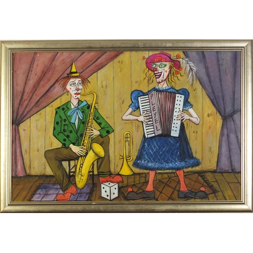 83 - Two musicians, French school oil on board, framed, 70.5cm x 49.5cm excluding the frame