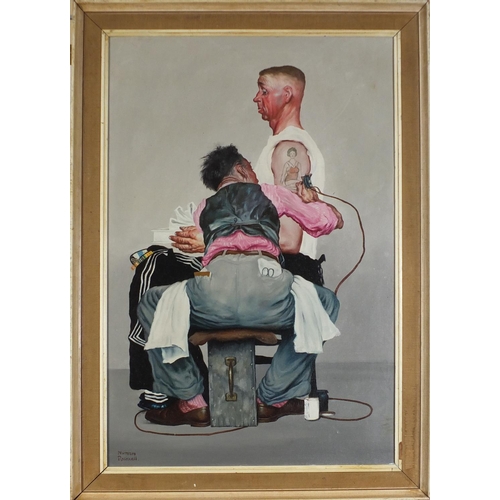 44 - After Norman Rockwell - The tattoo artist, American school oil on board, mounted and framed, 90cm x ... 