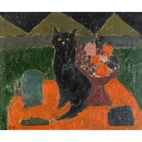 46 - Cat with still life, Spanish school oil on board, framed, 65cm x 55cm excluding the frame